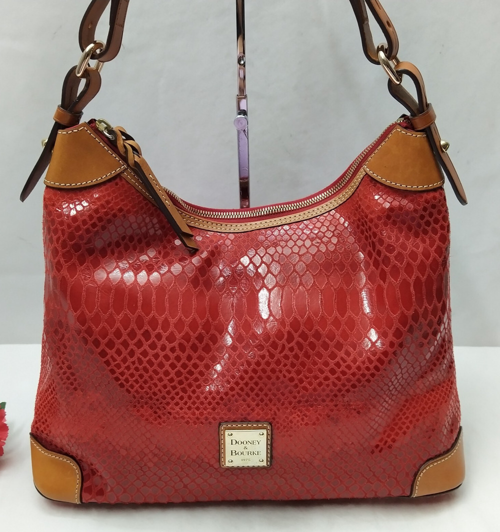 Dooney & Bourke Red Leather Snakeskin Embossed Zipper Hobo Shoulder Bag